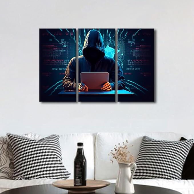 3 Pieces Big Data Canvas Wall Art - Hacker Malware Painting Canvas Print Modern Artwork for Home Walls Hacker Wall Art Home Office Modern Wall Decor Stretched and Framed Ready to Hang, 36"Wx24"H