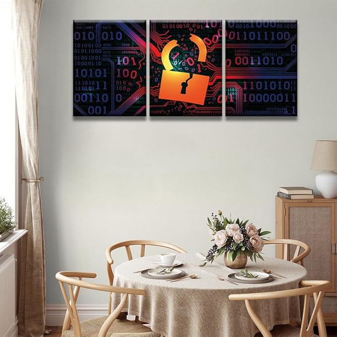 Framed Wall Art 3 Panels Hacking Firewall Hacked with Binary Code Pictures Print On Canvas for Living Room Bedroom Wall Decoration, Stretched Framed Ready to Hang, 12x16inchx3