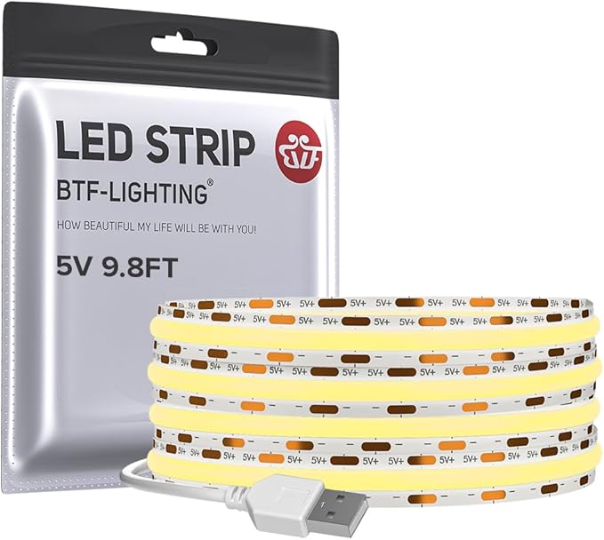 BTF-LIGHTING FCOB USB Powered Cool White 6000K COB LED Strip Lights 9.8FT 960LEDs 5V 8mm Width 90+ High CRI Ultra Bright Flexible Light for TV Backlight Display Cabinet PC DIY Decor