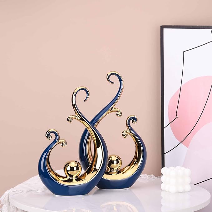 DOVDOV Ceramic Abstract Statues 2 Piece Set, Modern Art Deco, Blue and Gold Home Decor, Office Decor, Shelf Decor, Floor Mantle Decor, Coffee Table Decor Aesthetics.