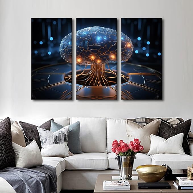 3 Pieces Robot Brain Canvas Wall Art Artificial Intelligence Pictures Print On Canvas for Wall Decoration, Modern Wall Artwork Wooden Framed Gallery-Wrapped Ready to Hang, 42" Wx28 H