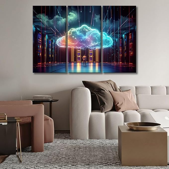 3 Panels Modern Wall Art Cyber Security, Cloud Managed, Circuit Board Canvas Prints Art AI Art for Living Room Bedroom Decorations, Technological Artwork Wooden Framed Ready to Hang, 20x40inchx3