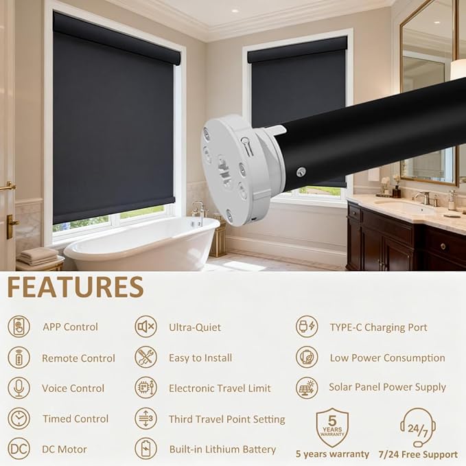 Matter Over Thread Smart Roller Shade Motor with Solar Panel, 3200mAh Rechargeable Electric Blind Motor for 1.5" Tube, DIY Retrofit Kit Compatible with HomeKit Alexa Google Home (1.3 N.m Torque)