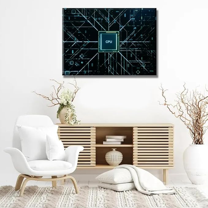 LSIUHWUWI 1 Panel CPU and Circuit Board Canvas Walll Art Modern Artwork Wall Decor CPU Concept Pictures Bathroom Decor Wall Art Circuit Board Print on Canvas Framed Ready to Hang 20X28 INCH