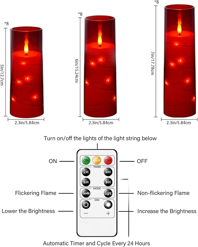 Flickering Flameless LED Candles,Battery Operated Candles 24 Pcs with Embedded Star String,Acrylic LED Pillar Candles with Remote,Suitable for Home Decoration to Create an Atmosphere (Red)