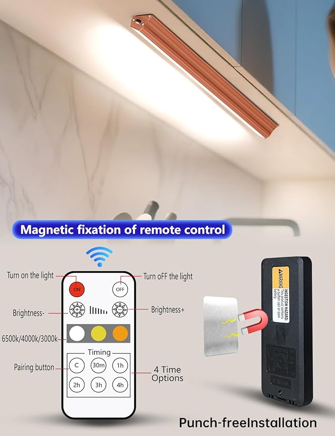 Under cabinet lighting wireless, 2400mAh rechargeable cabinet light, battery operated, magnetic, stick on, 106 LED 3-Color shelf lights, dimmable, with Remote Control(Wood color, 2-Pack 12.2inch)