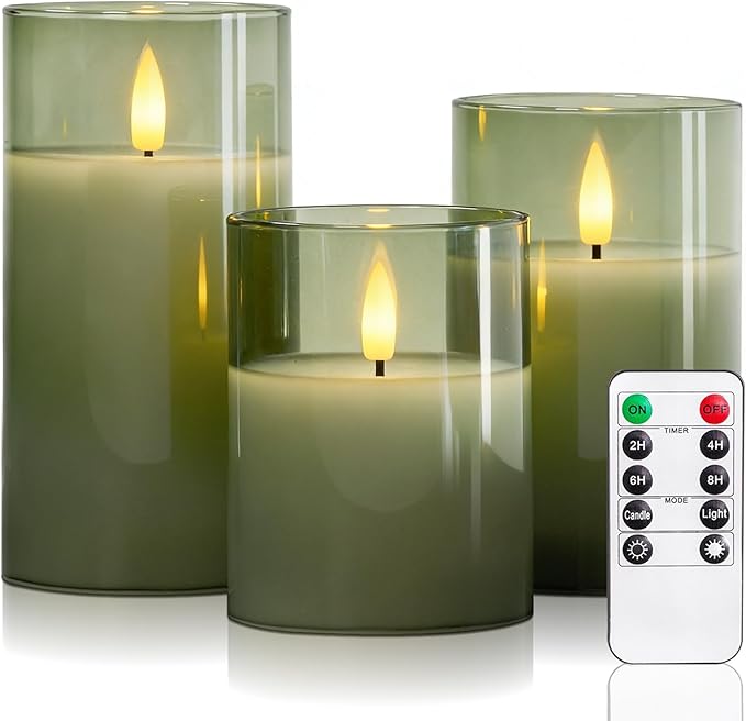 5plots Flameless Battery Operated Candles Set of 3, Green LED Candles with Remote Timer, Real Wax Glass Pillar Candles Warm Flickering Light for Indoor Home, Halloween, Christmas Decor D3 x H4 5" 6"