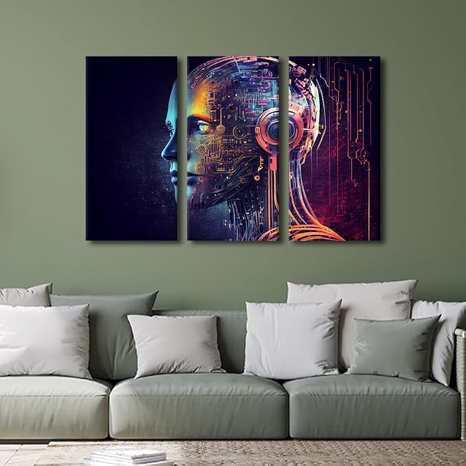 TUMOVO Artificial Intelligence Pictures Print for Living Room Decoration 3 Panel AI Wall Art Futuristic Technology Artwork for Home Office Wall Decoration Wooden Framed Ready to Hang, 36" Wx24 H