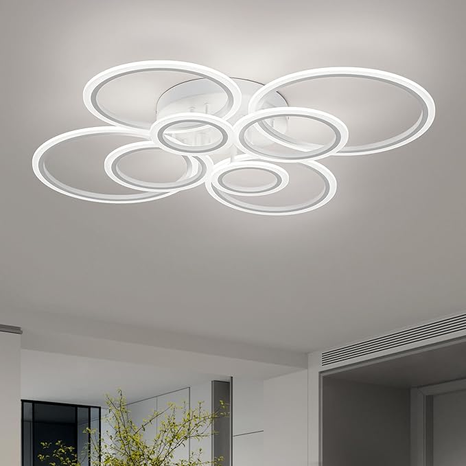 Vikaey Modern LED Flush Mount Ceiling Light, 8 Rings White Close to Ceiling Light Fixtures, Living Room Lighting Ceiling Lamp for Dining Room, Bedroom, Kitchen, 4000K Not Dimmable