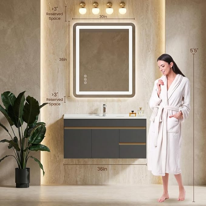 30" x 36" Led Bathroom Mirror with Lights, Anti-Fog & Tri-Color Lighting - Wall Mounted Shaving Mirror with Touch Sensor, Waterproof & Smart LED Vanity Mirror,Tempered Glass, Dimmable Smart Mirror