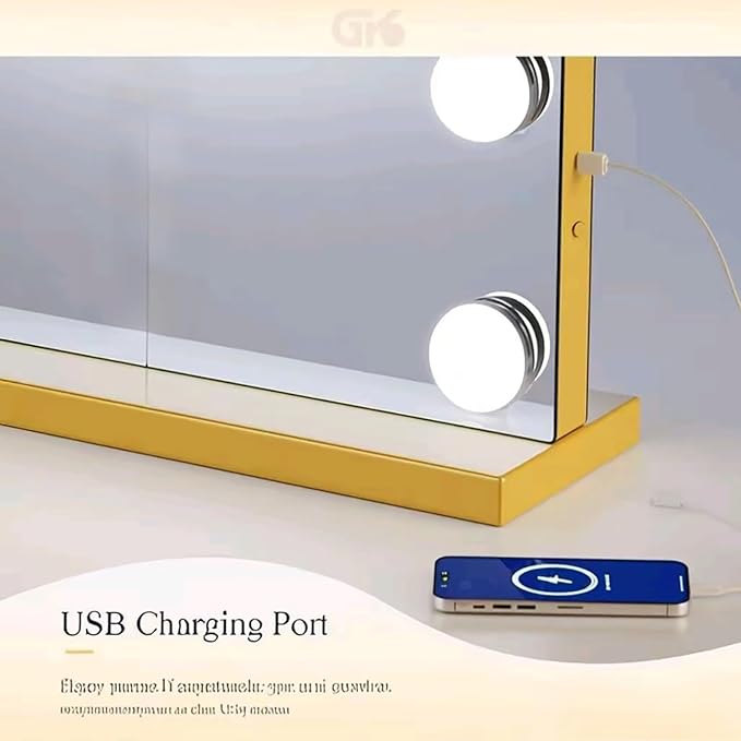 Vanity Mirror with Lights USB+Type-C Charging, 32WX24L Tabletop Hollyhood Makeup Mirror, Hollywood Lighted Mirror with 18 Dimmable LED Bulbs,3 Colors Modes,Touch Control, Gold