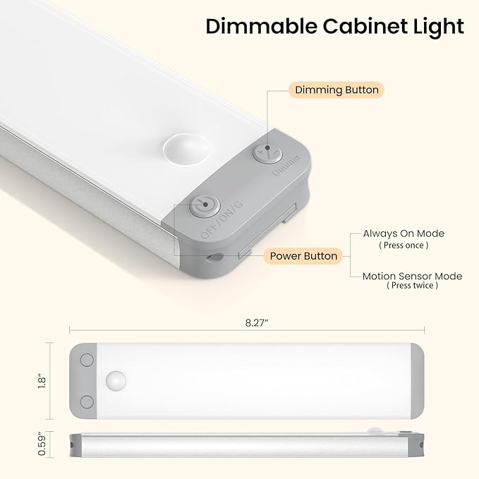 3-Pack Under Cabinet Lights, 8.3" 150LM Motion Sensor LED, USB-C 1500mAh Rechargeable, 3000K Warm White Dimmable for Kitchen Closet
