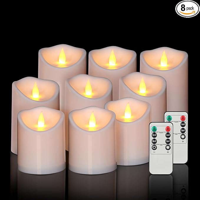 Outdoor Flameless Candles, Patented 3D Dual-LED, Set of 9 Slanted Resin Pillars with 2 Remotes, Pure White Waterproof Non-Melting Battery Operated Large Set for Modern Fireplace, White