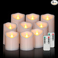 Outdoor Flameless Candles, Patented 3D Dual-LED, Set of 9 Slanted Resin Pillars with 2 Remotes, Pure White Waterproof Non-Melting Battery Operated Large Set for Modern Fireplace, White