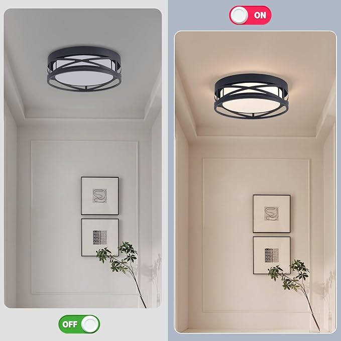 Modern LED Ceiling Light Fixture, Square LED Flush Mount Hallway Light Fixtures, Farmhouse Black Close to Ceiling Light for Hallway Bedroom Balcony Porch Stairway Ceiling Lamp (Round, 3000K)