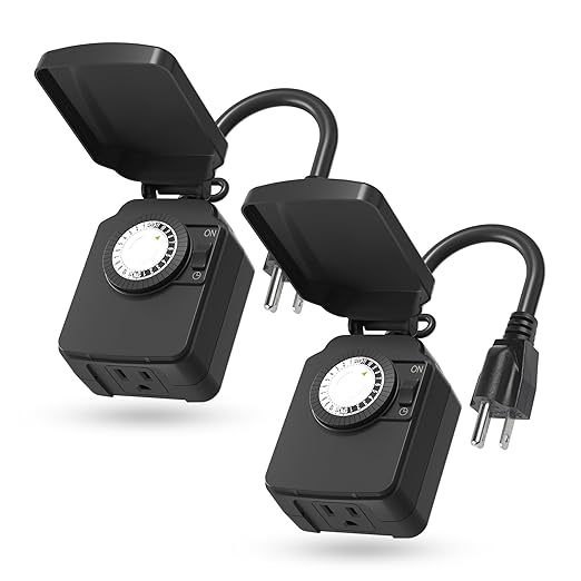 BN-LINK 24-Hour Mechanical Outdoor Light Timer, Waterproof, Heavy Duty, 15A 1/2HP, 1 Grounded Timer Outlet for Home and Garden,ETL Listed,2 Pack