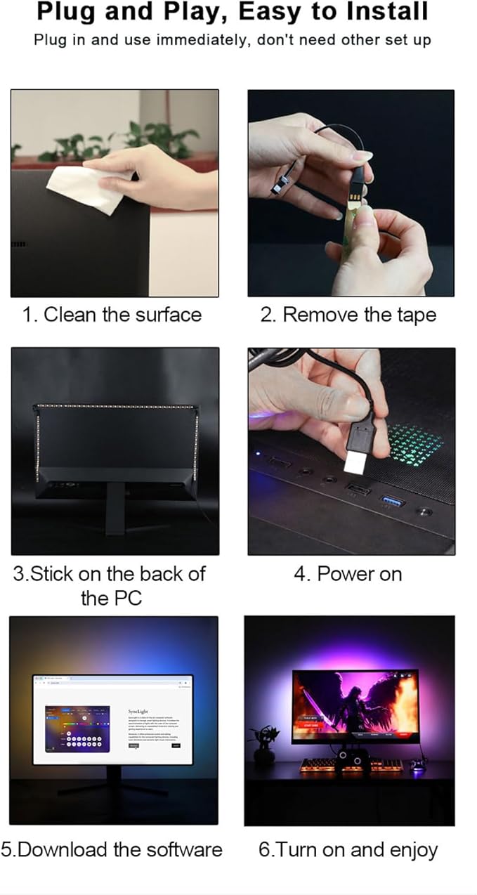 Gaming Lighting Sync PC Backlight 16 Million Color USB Powered RGB IC LED PC Backlight Strip for Gaming Room Decor, Smart LED Lights for Monitors with Color (for 34" PC)