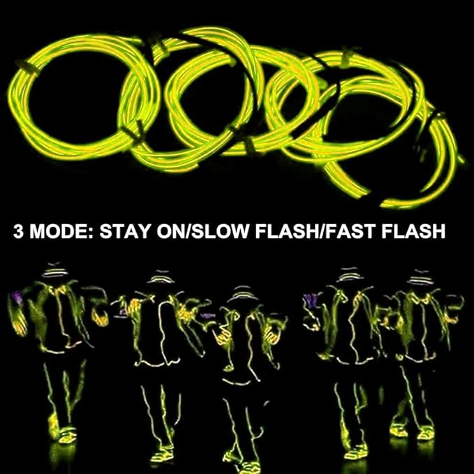 Ourbest 2Pack 5in1 Wearable led Wire Lights, el Wire Lights Battery Powered Party Cosplay Rope Lights 3Mode Stay/Slow/Fast Flash 6Ft(2 Battery Boxes Yellow)