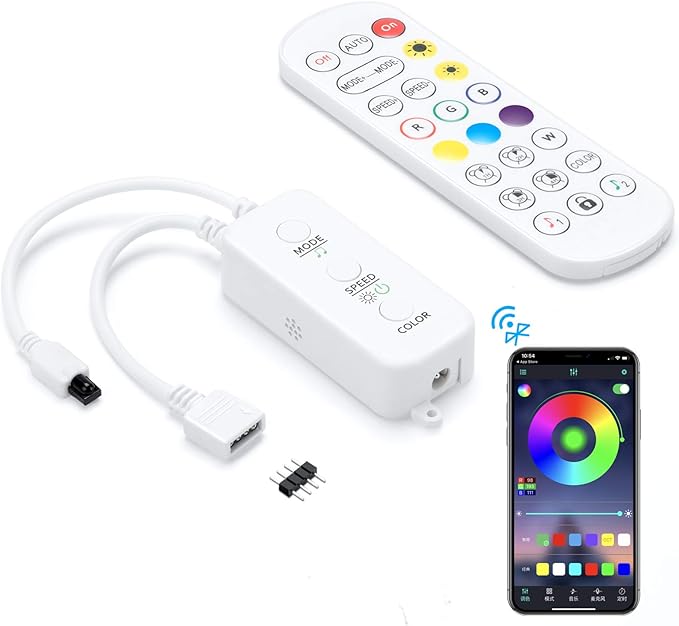 RGB LED Strip Light Controller, with APP, Music Sync and IR Remote, with Unlimited Colors and Pin Modify Feature Compatible with 5V-24V All 4-pin 10mm RGB LED Strip via Bluetooth Connection