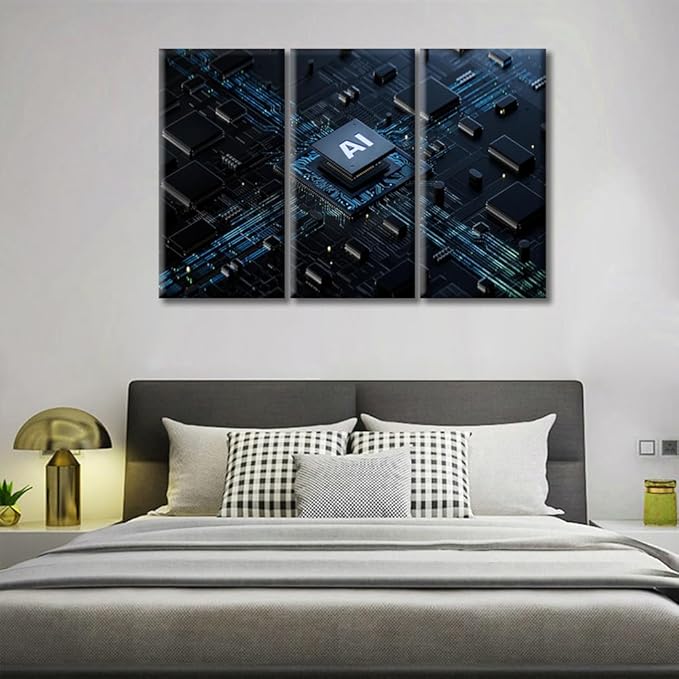 Wall Art for Living Room Circuit Board Pictures Bedroom Wall Decor Artificial Intelligence Concept Wall Paintings for Office Print On Canvas Modern Artwork Stretched and Framed Ready to Hang (42"Wx28"H)