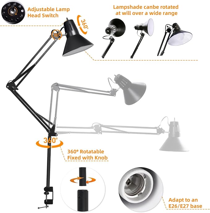LED Desk Lamp Dimmable with Clamp, Eye-Caring Clip on Lights for Home Office, 3 Adjustable Color Temperature,Extra Tall Metal Swing Arm, High Intensity Clamp w/A19 E26 Bulb for Working Reading