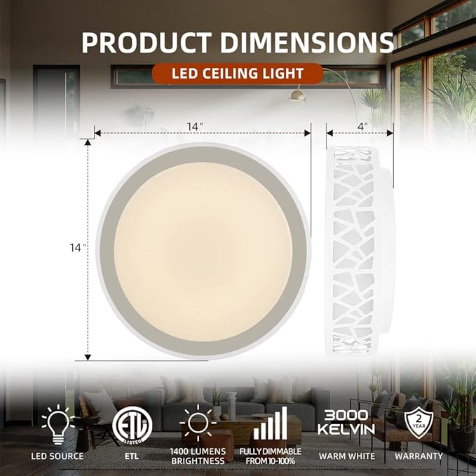 LED Flush Mount Ceiling Light 2 Pack, 14 Inch Dimmable Round Lighting Fixture, 20W 1400 Lumens 3000K Warm White, ETL Listed for Kitchen, Hallway, Bedroom, Stairways, Acrylic Lampshade
