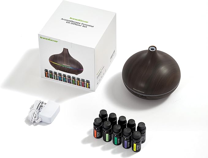 InnoGear Aromatherapy Diffuser & 10 Essential Oils Set, 400ml Diffuser Ultrasonic Diffuser Cool Mist Humidifier with 4 Timers 7 Colors Light Waterless Auto Off for Valentine's Gift, Dark Wood Grain