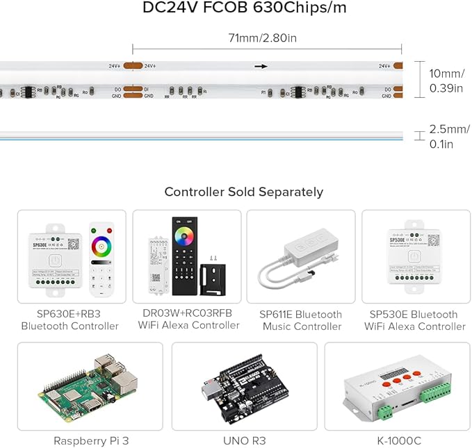 BTF-LIGHTING FCOB WS2811 IC RGB COB LED Strip 9.8FT DC24V 630LED/m Flexible High Density Uniform Chasing Color Light 14IC/m 10mm Width Dream Color for Home Indoor Decor(No Adapter or Controller)