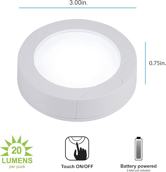 GE Wireless LED Tap-Lights, Battery Operated, 20 Lumens, Touch-Activated Puck Lights, Stick-On for Under Cabinet, Kitchen, Closet, or Garage, 2-Pack 25434