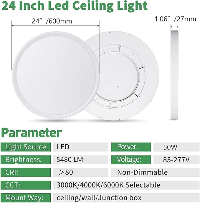 24 Inch Large LED Flush Mount Ceiling Light, 50W,5480LM, 3000K/4000K/6000K CCT Selectable,White Round Flat Panel Low Profile Ceiling Light Fixtures for Hallway, Kitchen, Bedroom, Laundry Room