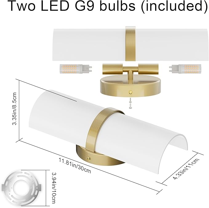 Gold LED Wall Sconce Set of 2 Indoor Hardwired for Living Room Bedroom Hallway Corridor Warm White 3000K (with G9 Bulbs)