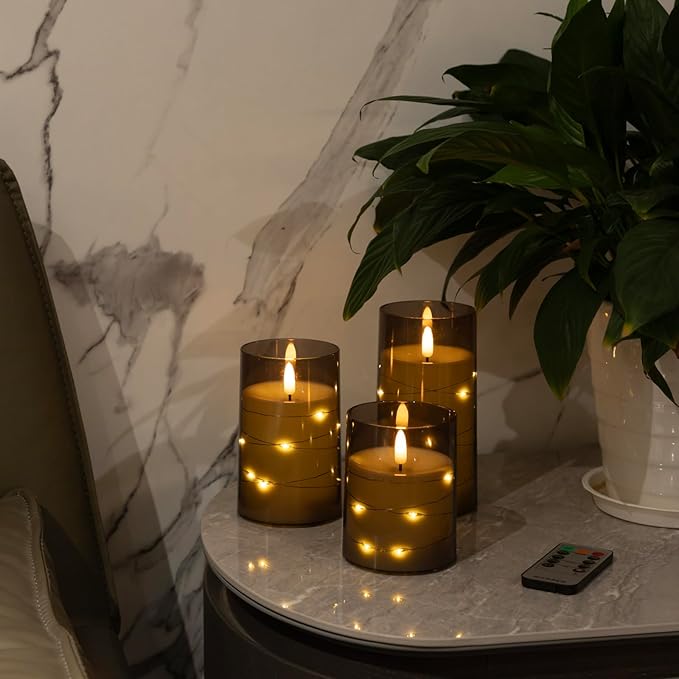 Flickering Flameless Candles with Timer - Durable Acrylic Glass Shell, with Embedded Star String, Battery Operated Candles with Remote for Romantic Ambiance and Home Decoration (Set of 3, Grey)