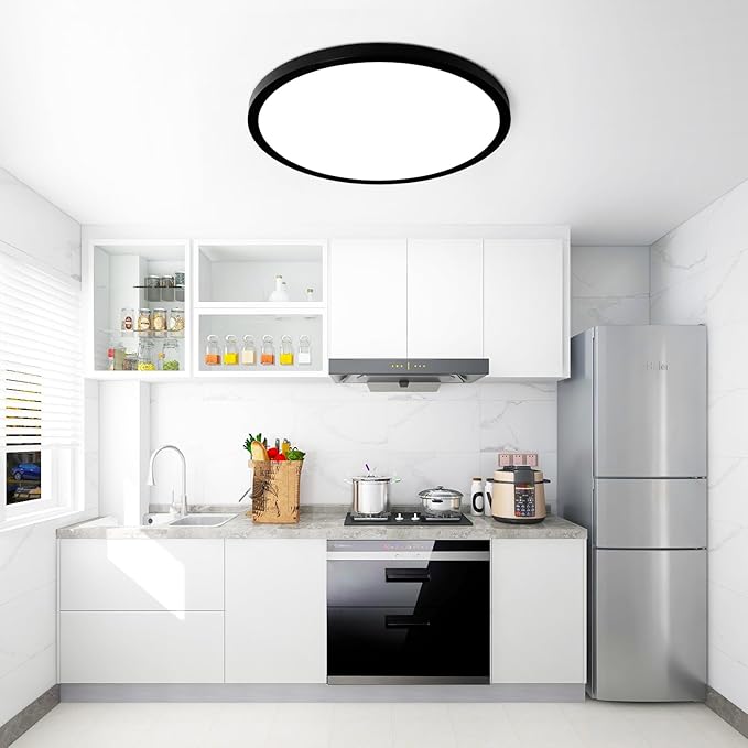20 Inch LED Flush Mount Ceiling Light Fixture - 48W Dimmable Ceiling Light with Remote, 4800lm, 3000/4500/6000K Adjustable LED Kitchen Ceiling Lamp for Bedroom, Black