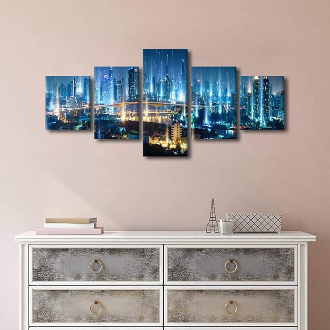 5 Panel Modern Smart City Poster Night Panoramic Cityscape Picture Printing Native Americans Home Decor Internet Companies Corridor Decor Big Data Worker Office Wall Artwork Ready to Hang 50x24 Inch