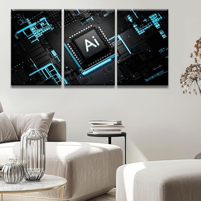 LSIUHWUWI 3 Panel Wall Decor CPU Pictures Posters, Artificial Intelligence Processor Smart Microchip Wall Art for Living Room Bedroom Decoration, Ready to Hang, 16x24inchx3
