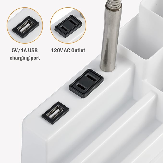 E26 Desk Lamp with 1 USB Charging Port and 1 AC Outlet, Organizer Base, Adjustable Neck, On/Off Switch, Modern Table Lamp for Reading, Working, Studying (White)