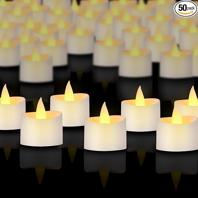 White Flameless Tea Lights - 50 Pack Commercial Grade LED Tea Lights for Large Weddings, Events & Modern Home Decor (White Base, 50 Pack)