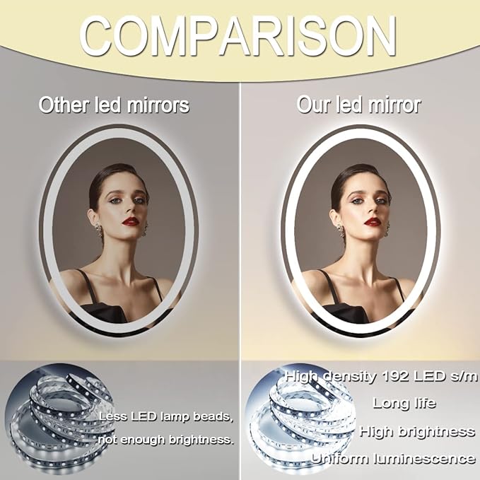 24 x 32 Inch Oval Vanity Mirror with Lights Oval LED Mirror for Bathroom Wall Mounted Oval Lighted Mirror Dimmable 3 Color Light Oval Mirror Anti Fog 32" Bathroom Oval Smart Light up Mirror
