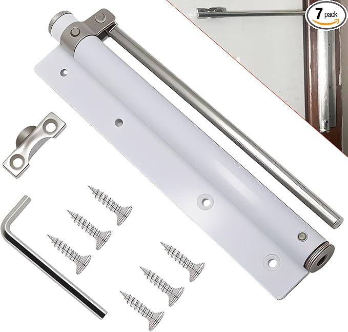 Automatic Door Closer, Adjustable Speed Self-Closing Door Latch for Home & Commercial Use, 150-Degree Opening Angle, Stainless Steel with Screws, Wrench, Force Arm