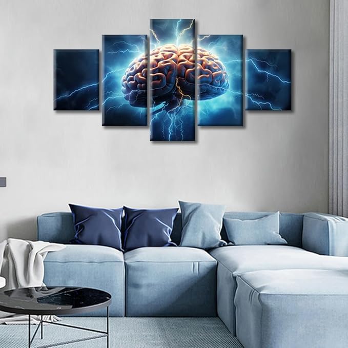 Canvas Wall Art Smart Brain Posters & Prints Brainstorming Concept Artwork Brain Power Lightning Contemporary Home Decor Stretched Canvas Picture for Living Room Bedroom Home Office, (60" Wx32 H)