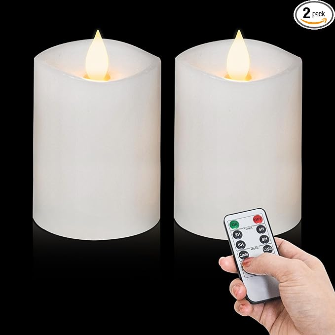 3x4 Flickering Flameless Candles Set of 2,Real Wax LED Battery Operated Candles,with Timer,4 inch Flameless Candles with Remote,for Holiday Home Decor,White