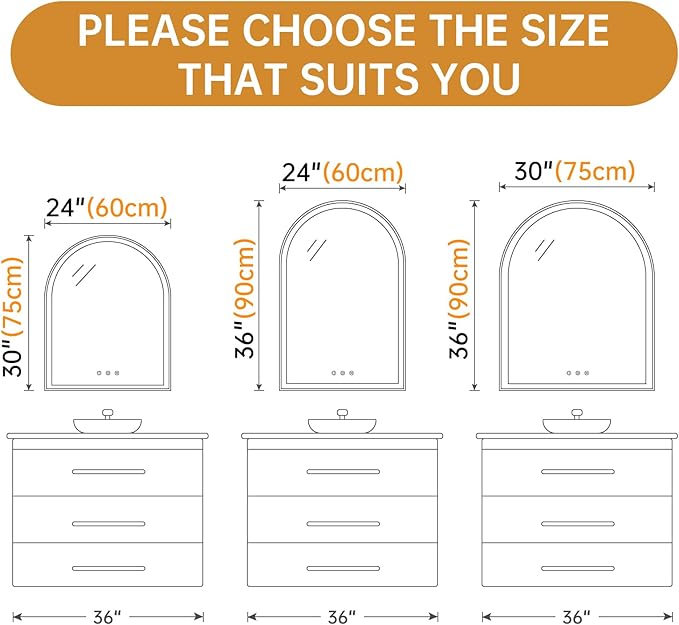 Arched LED Mirror for Bathroom 24"x36", Orange Gold LED Bathroom Mirror with Lights, Fogless, Dimmable, Shatterproof, Touch Sensor, 3 Color Changing