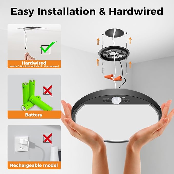 slochi 1Pack Motion Sensor Light Indoor Wired, 12 Inch 3000K/4000K/6500K Closet Lights Motion Sensored, 24W 2400LM Flush Mount Ceiling Light for Hallway Pantry Stairwell Porch, Black