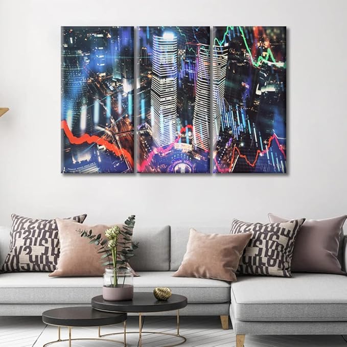 TUMOVO Business and Financial Concept Canvas Paintings Bedroom Canvas Wall Art 3 Panel Trading Graph on The Cityscape at Night Background Pictures Wall Art for Living Room Ready to Hang (42" Wx28 H)