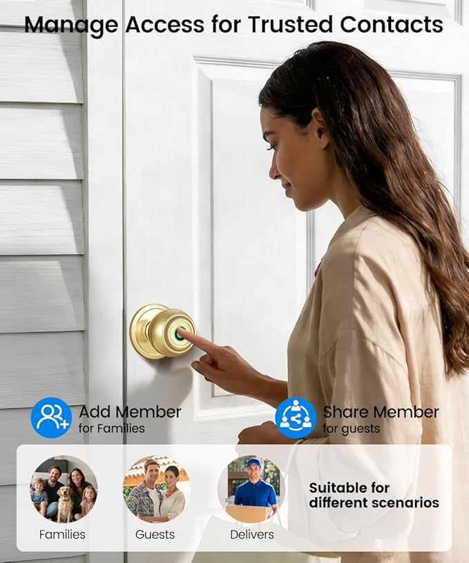 Fingerprint Door Lock, Smart Fingerprint Door Knob with Lock, Biometric Door Locks with App Control & Key, Keyless Thumbprint Entry Door Locks for Bedroom, Front Door, Home, Apartment-Brass