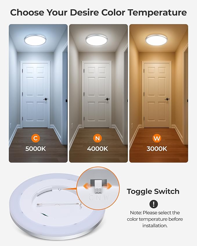 Matane 12 Inch LED Flush Mount Ceiling Light Fixture with Night Light, 24W 2400LM 3000K/4000K/5000K Selectable, Dimmable Ceiling Lights for Bedroom, Dining Room, Kitchen, Round Silver