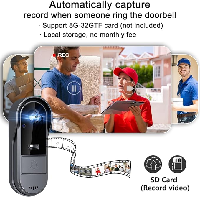 Doorbell Camera Wireless No Subscription with Monitor for Home/Apartment, Video Doorbell 1080P No App/WiFi Needed, Intercom 2-Way Talk,Waterproof Door Bell with Recording & Night Vision