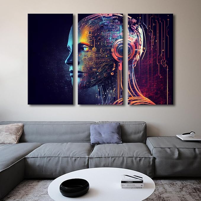 TUMOVO Artificial Intelligence Wall Art 3 Piece Futuristic Technology Canvas Printing Posters AI Artwork, Humanoid Robot Wall Decoration for Bedroom Living Room, Ready to Hang, 60" Wx40 H