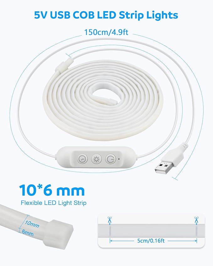 Aclorol 5V COB LED Strip 10FT 960 LEDs Dimmable Waterproof LED Strip Lights with Self-Adhesive for Kitchen Cabinet Bathroom Mirror Vanity Display Case 3D Printer Lighting Cold White 6000K CRI90+