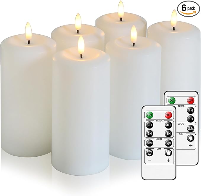 Flameless Candles Battery Operated with Remote and 2/4/6/8 H Timer, 6pcs Flickering Fake Electric Candles for Festival Wedding Home Party Decor (D3 x H 6") (White)